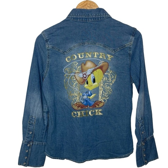 Country Royalty CR Tweety Country Chic Pearl Snap Button Up Denim Shirt - Picture 2 of 16